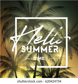 Hello Summer banner.Palm background. Vector illustration. Hello Summer Holiday backdrop.