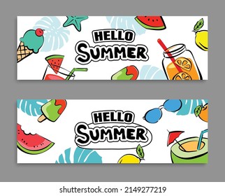 Hello summer banners design hand drawn style. Summer with doodles and objects elements for beach party background. 