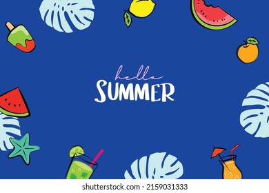 Hello summer banners design hand drawn style. Summer with doodles and objects elements for beach party background.