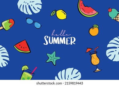 Hello summer banners design hand drawn style. Summer with doodles and objects elements for beach party background.