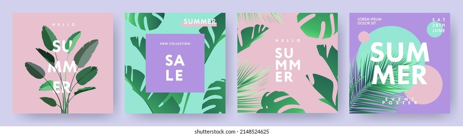 Hello Summer banners, posters or covers with abstract tropical leaves and modern typography. Design templates for branding, advertising, promo events and sale.Tropical Summer set in minimalist style.