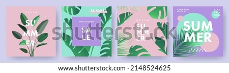 Hello Summer banners, posters or covers with abstract tropical leaves and modern typography. Design templates for branding, advertising, promo events and sale.Tropical Summer set in minimalist style.