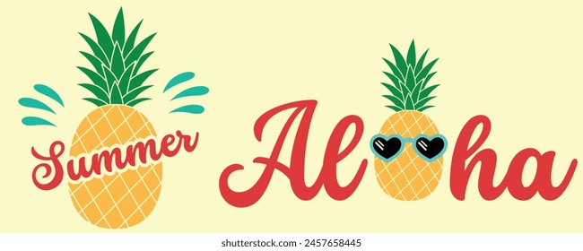 Hello summer, beach, aloha. Set of inspirational quotes. Modern calligraphy phrases with hand drawn cute pineapple. Vector lettering for print, tshirt, poster. 