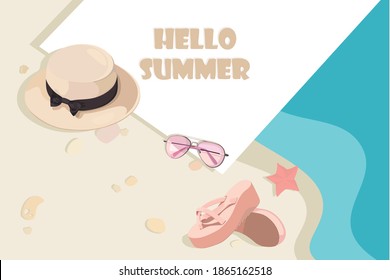
Hallo Sommer. Strandattribute für Design-Banner, Postkarte, Flyer. Trendy Vektorgrafik im flachen Stil.
