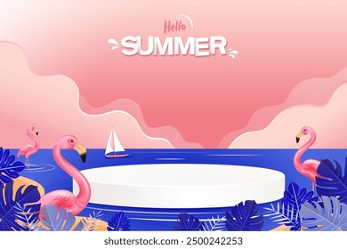 Hallo Sommer Strand Hintergrund mit Flamingo Vögel und Bühne Podium für Produkte Anzeige, Vektordesign 