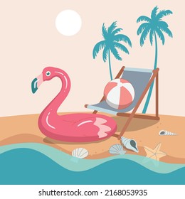 Hello summer beach background, pink inflatable flamingo, sea shell, ball, chair, on the beach. Vector design illustration.