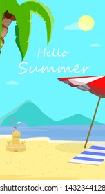 Hello Summer Beach Background with Seascape, Dolphins, Sun Umbrella, Towel and Sandy Castle. Traveling Greeting Card for Summertime Vacation, Holidays Cartoon Flat Vector Illustration, Flyer, Banner