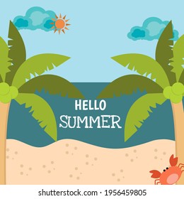 Hola verano con playa. Fondo de verano. Los paisajes marinos. Ilustración vectorial.