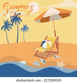 Hola playa de verano con paraguas, bola y silla en la playa. Ilustración de diseño de vectores.