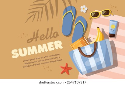 Hello summer. Beach bag, flip-flops, sunscreen and sunglasses on a sandy beach.
