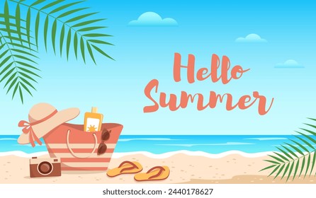 Hello Summer. Beach bag, sunscreen, camera, sunglasses, hat and flip flops on the sand. Flat vector illustration. Sea holiday concept