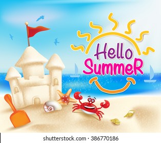 Hello Summer Beach in a Bright Blue Sky with Sandcastle and Sea Shells in a Colorful Sea Shore. Vector Illustration
