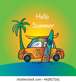 Hello summer beach car Hand drawing illustration