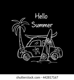 Hello summer beach car Hand drawing illustration