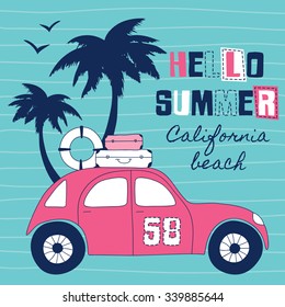 Hello Summer Beach Car Vector Illustration