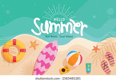 Hello summer beach clipart design. Summer text in seaside beach top view clip art for outdoor vacation holiday with tropical elements vector illustration.