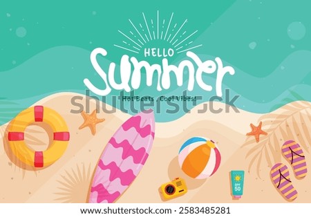 Hello summer beach clipart design. Summer text in seaside beach top view clip art for outdoor vacation holiday with tropical elements vector illustration.