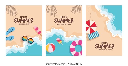 Hello summer beach clipart poster set. Summer greeting text in seaside beach background clip art for sunny day postcard template collection with tropical elements vector illustration.