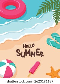 Hello summer beach clipart poster. Summer greeting text in seaside beach background clip art for sunny day, postcard template with tropical elements vector illustration.