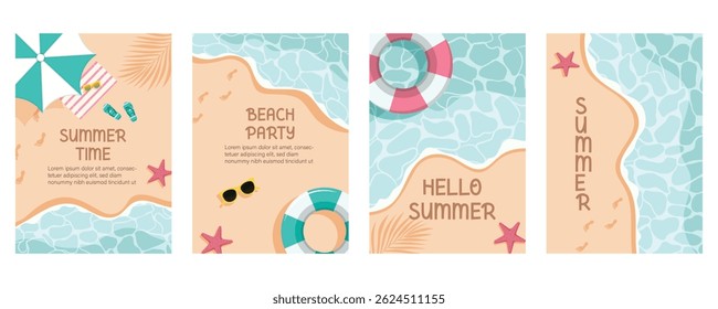 Hello summer beach clipart poster set. Summer greeting text in seaside beach background clip art for sunny day postcard template collection with tropical elements,  vector illustration.
