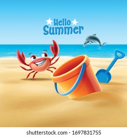 hello summer beach with crab and dolphin