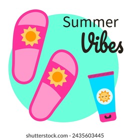 Hello summer. Beach flip-flops and sunscreen. Vector illustration in flat style.