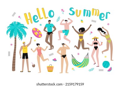 Hallo Sommer. Sommerstrand mit glücklichen jungen Menschen springen. Einzelne Cartoon-Vektorgrafik