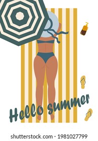 Hello summer. Beach holiday attributes. Striped umbrella and towel, flip flops and body lotion. A girl in a bathing suit sunbathes in the sun. Trending colors. Vector graphics.