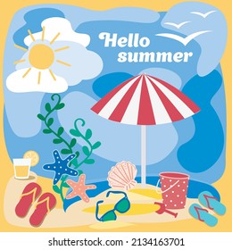 Hello summer beach holidays. Sea stars, sunglasses, sun and spanking. Umbrella. Cocktail. Vacations.