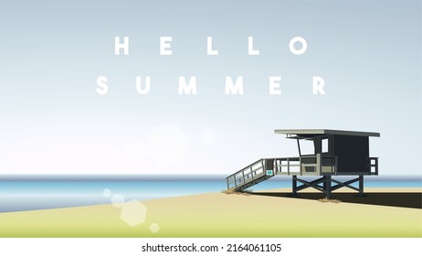 Hello Summer beach illustration. Lifeguard post illustration. Design of social media, banner, poster, newsletter, advertisement, Sale template, leaflet, placards, brochure, wallpaper, t-shirt, flyer.