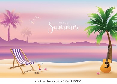 Hallo Sommerstrand Illustration mit Palmen, Liegestuhl, Gitarre und Cocktail bei Sonnenuntergang. Tropischer Urlaub am Meer Hintergrund mit ruhigem Meer und pastellfarbenem Himmel.