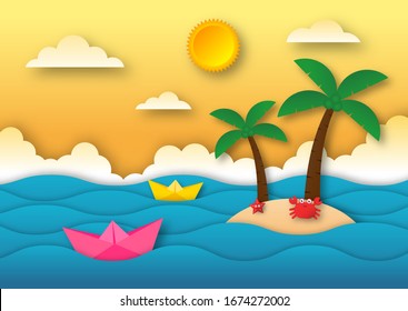 hello summer with beach landscape background. paper art style. vector Illustration.