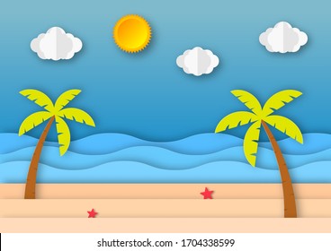 hello summer with beach landscape background. paper art style. vector Illustration.