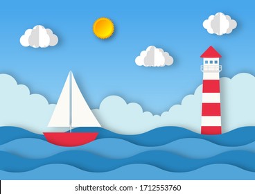 hello summer with beach landscape background. paper art style. vector Illustration.