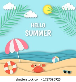 hello summer with beach landscape background. paper art style. vector Illustration.