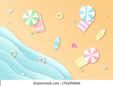 hello summer with beach landscape background. paper art style. vector Illustration.
