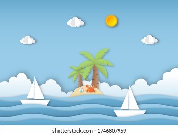 hello summer with beach landscape background. paper art style. vector Illustration.