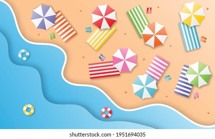 hello summer with beach landscape background. paper art style. vector Illustration.