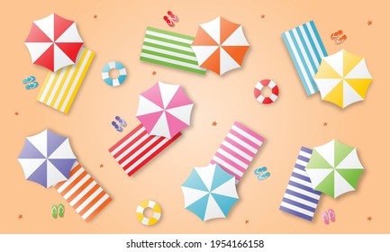 hello summer with beach landscape background. paper art style. vector Illustration.
