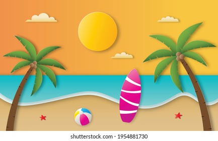 hello summer with beach landscape background. paper art style. vector Illustration.