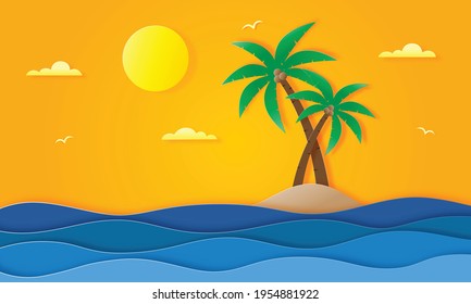 hello summer with beach landscape background. paper art style. vector Illustration.