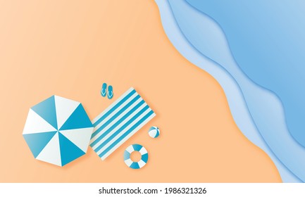 hello summer with beach landscape background. paper art style. vector Illustration.