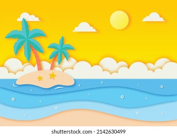 hello summer with beach landscape background. paper art style. vector Illustration.