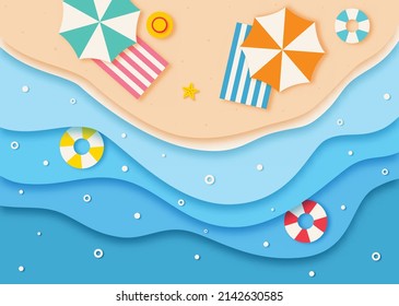 hello summer with beach landscape background. paper art style. vector Illustration.