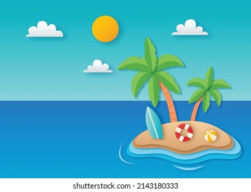 hello summer with beach landscape background. paper art style. vector Illustration.