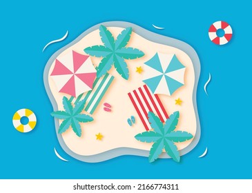 hello summer with beach landscape background. paper art style. vector Illustration.