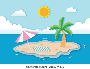 verano saludo con el paisaje de la playa. estilo de arte de papel. Ilustración vectorial.