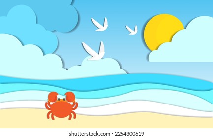 hello summer with beach landscape background and crab. paper art style. vector Illustration.