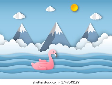 hello summer beach landscape with pink flamingo background. paper art style. vector Illustration.