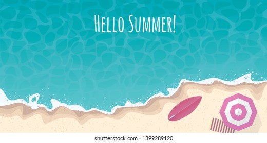 Hello summer beach and ocean high angle view background banner. Vector illustration with beach umbrella, towel and surfboard at the sea shore.